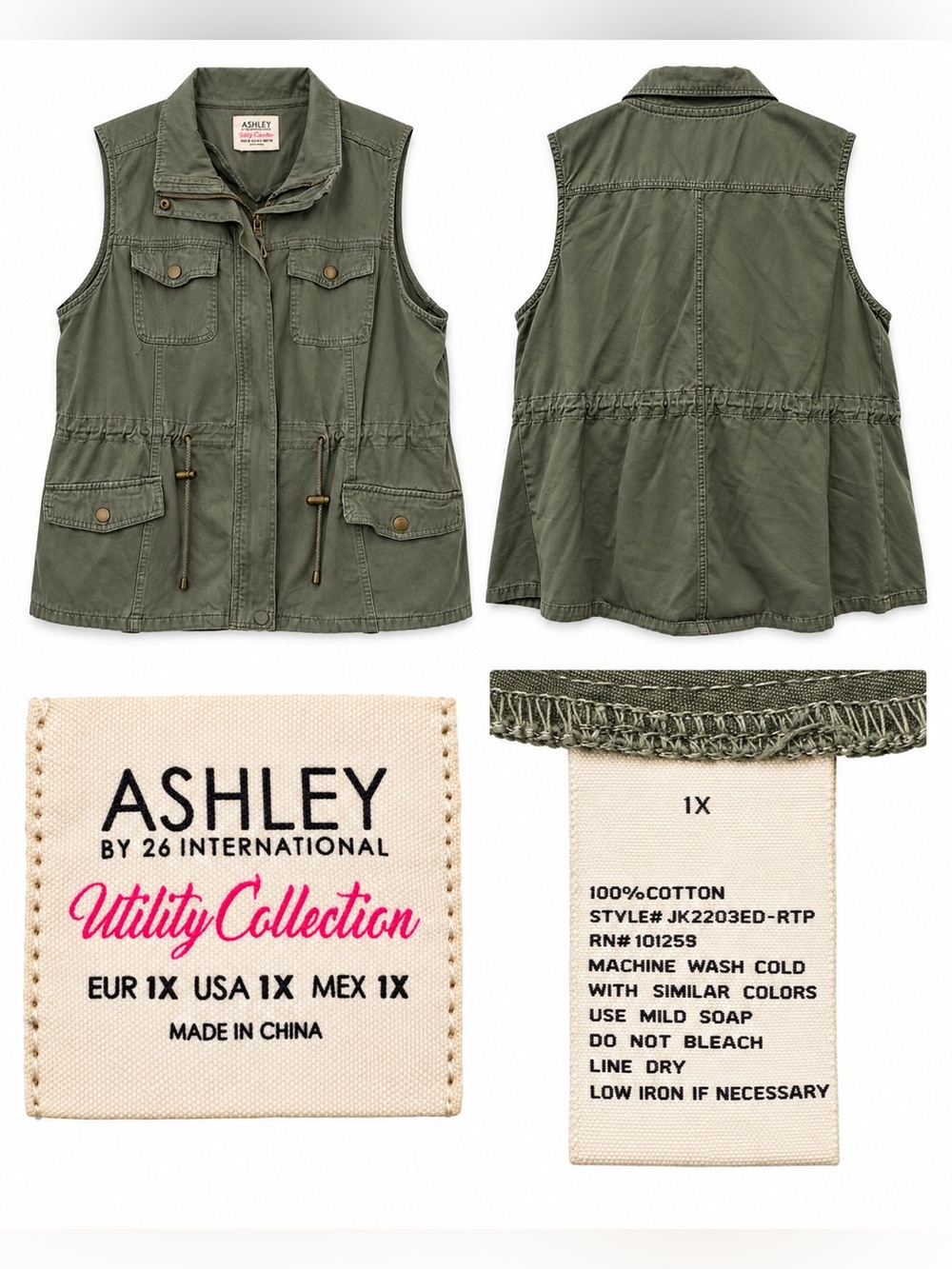 Ashley by 26 International Utility Vest Women’s 1X Olive Green Cotton Cargo